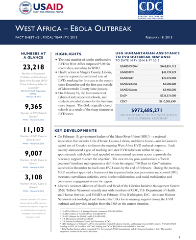 West Africa - Ebola Outbreak Fact Sheet #21 (FY 15)