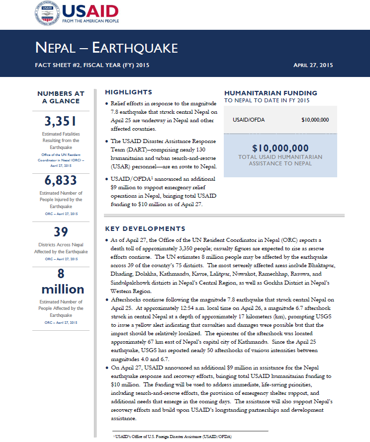 Nepal Earthquake Fact Sheet #2 - April 27, 2015