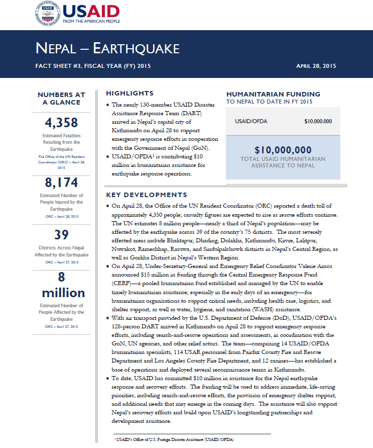 Nepal Earthquake Fact Sheet #3 - 04-28-2015
