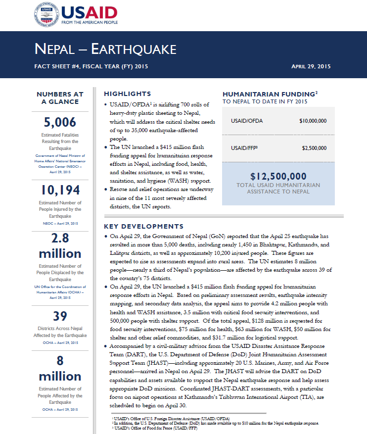 Nepal Earthquake Fact Sheet #4 - 04-29-2015