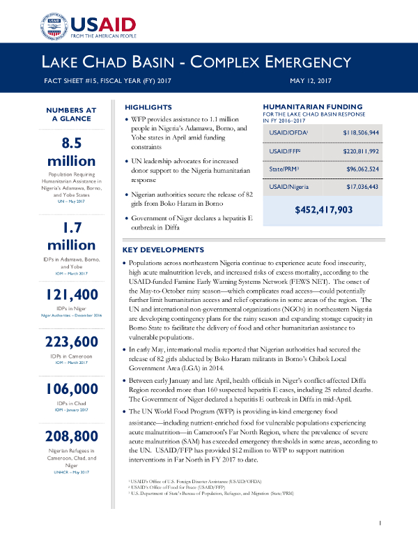 Lake Chad Basin Complex Emergency Fact Sheet #15 - 05-12-2017