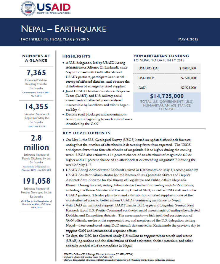Nepal Earthquake Fact Sheet #8 - 05-04-2015