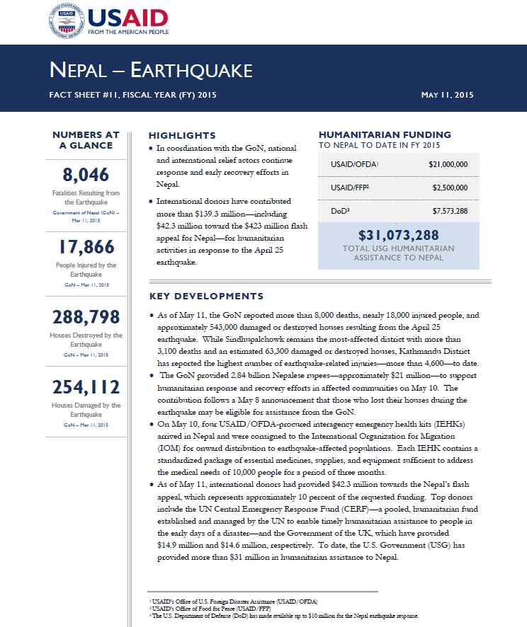 Nepal Earthquake Fact Sheet #11 - 05-11-2015