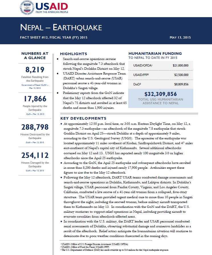 Nepal Earthquake Fact Sheet #12 - 05-13-2015