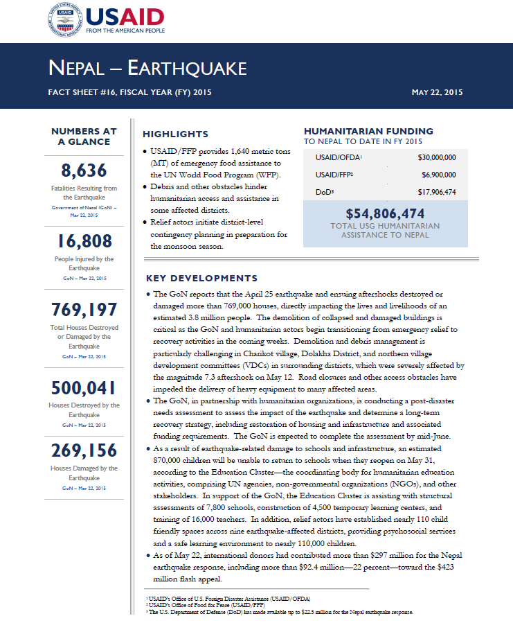 Nepal Earthquake Fact Sheet #16 - 05-22-2015
