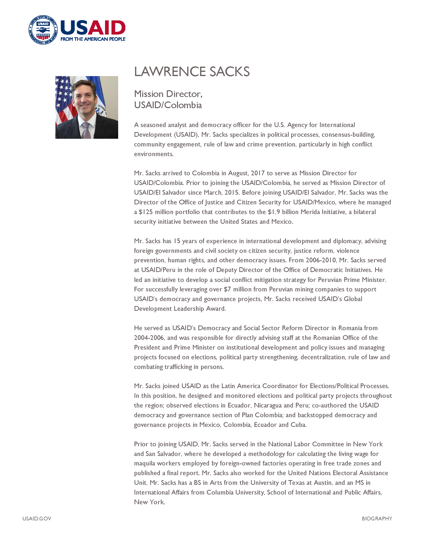 Lawrence Sacks - Mission Director, USAID/Colombia