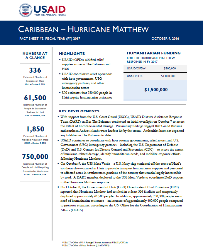 Caribbean Hurricane Matthew Fact Sheet #3 - October 9, 2016