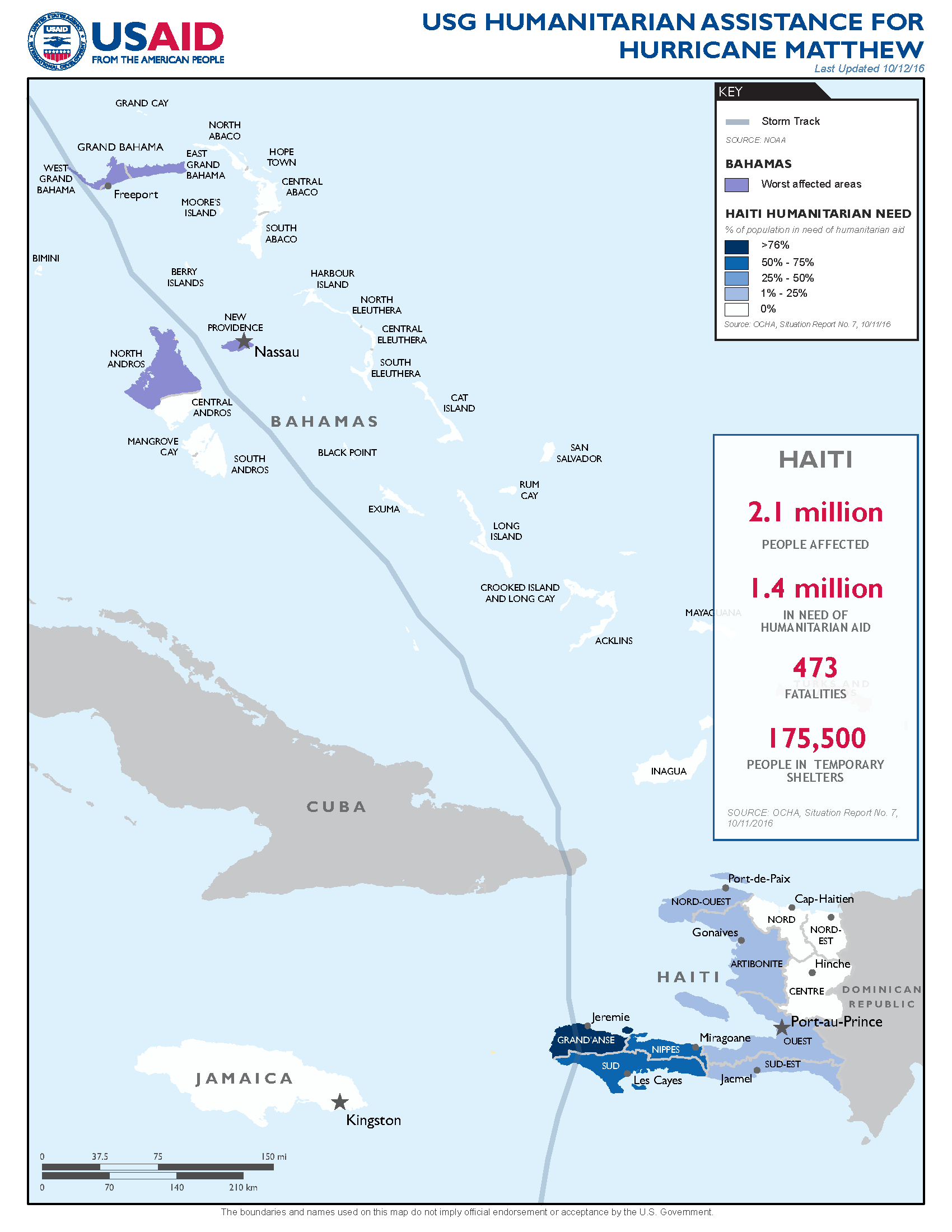 Map: USG Humanitarian Assistance for Hurricane Matthew - October 12, 2016