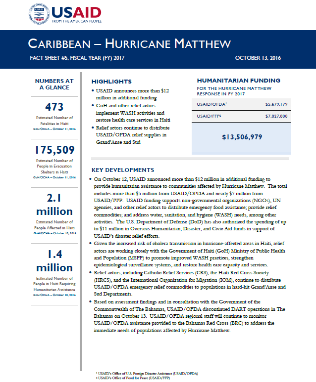 Caribbean Hurricane Matthew Fact Sheet #5 - October 13, 2016 