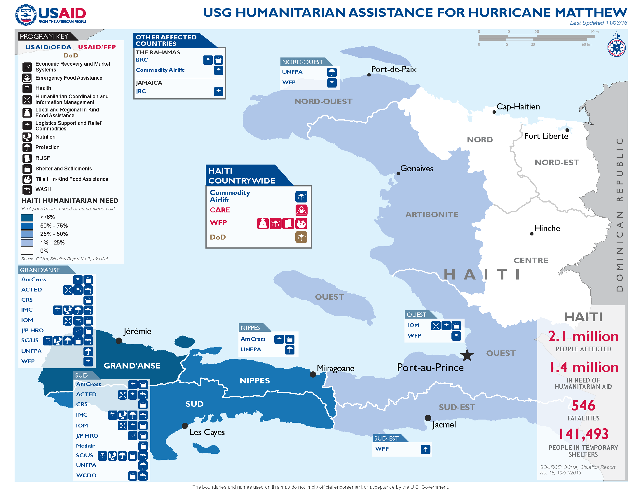 Map: USG Humanitarian Assistance for Hurricane Matthew - November 3, 2016