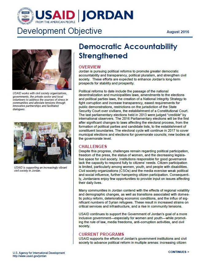 USAID/Jordan Democracy and Governance Fact Sheet 2016