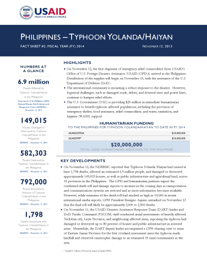 Typhoon Haiyan / Yolanda Fact Sheet #2 - 11/12/2013  - Click to read full PDF
