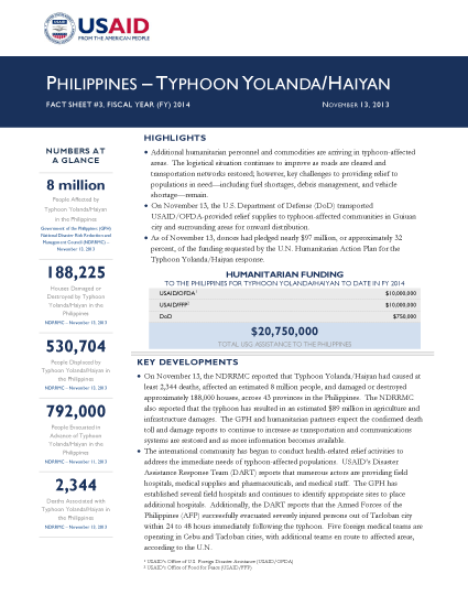 Typhoon Haiyan / Yolanda Fact Sheet #3 - 11/13/2013 - Click to view PDF