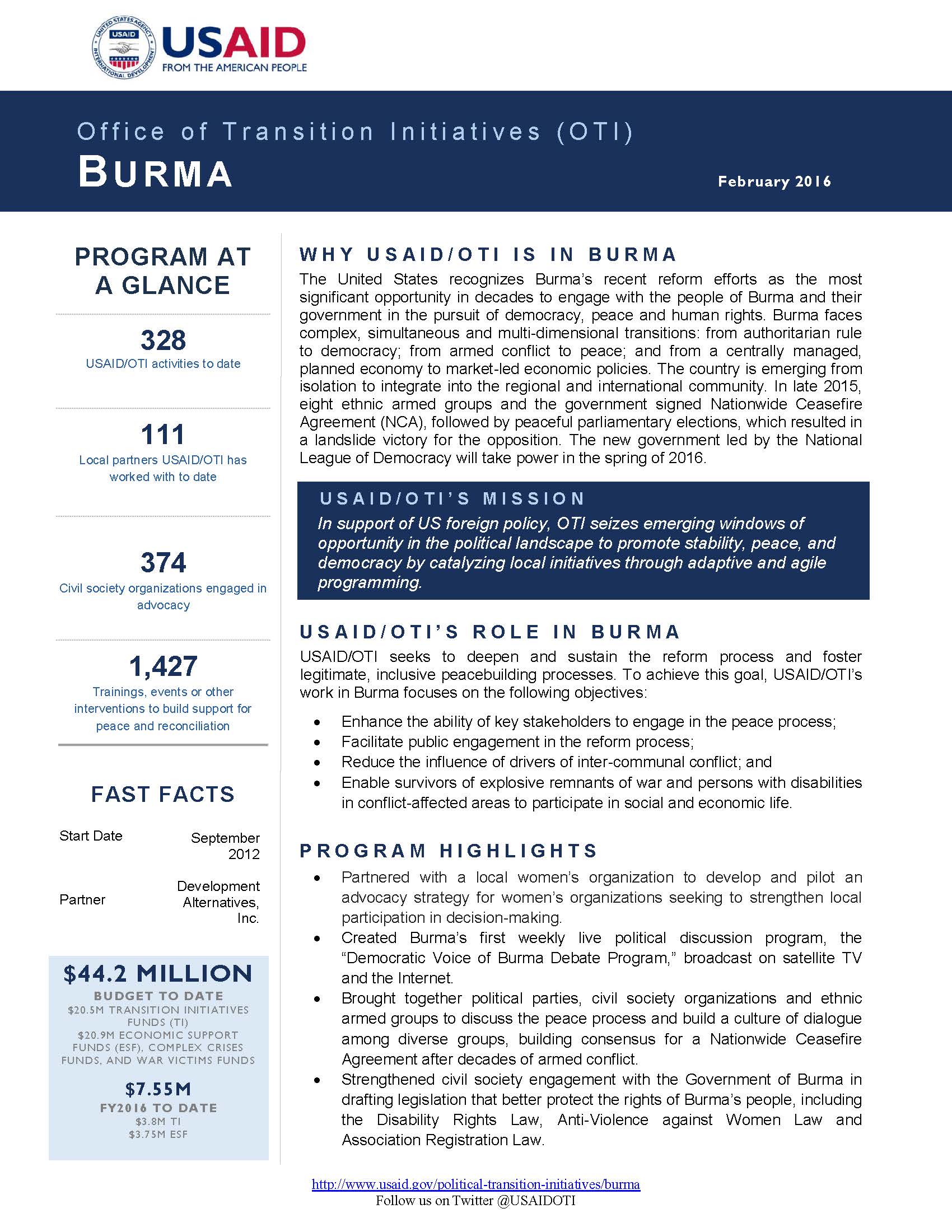 Burma Transition Initiatives 2016 Fact Sheet