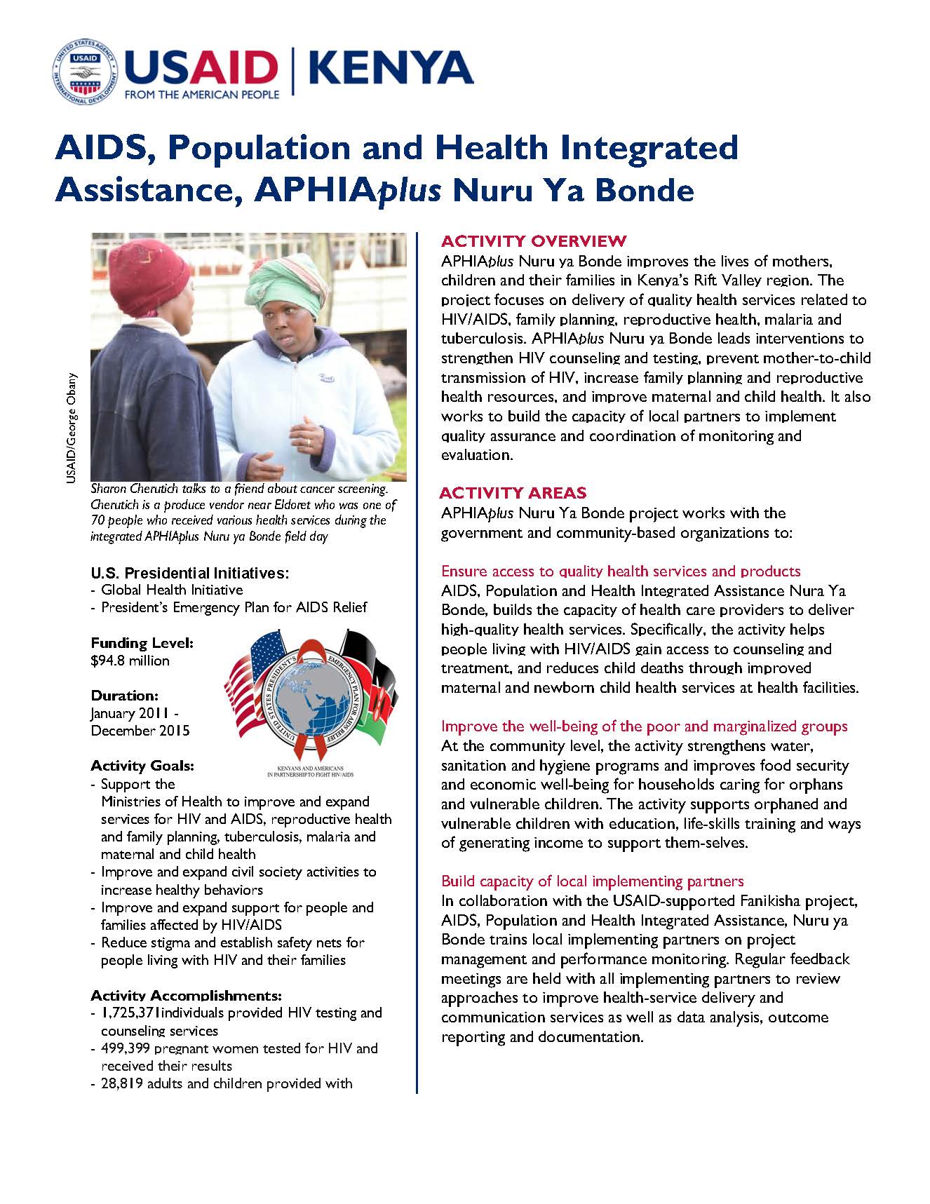 AIDS, Population and Health Integrated Assistance, APHIAplus Nuru Ya Bonde Fact Sheet. October 2014