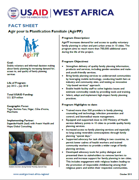 Fact Sheet on Agir pour la Planification Familiale (AgirPF)