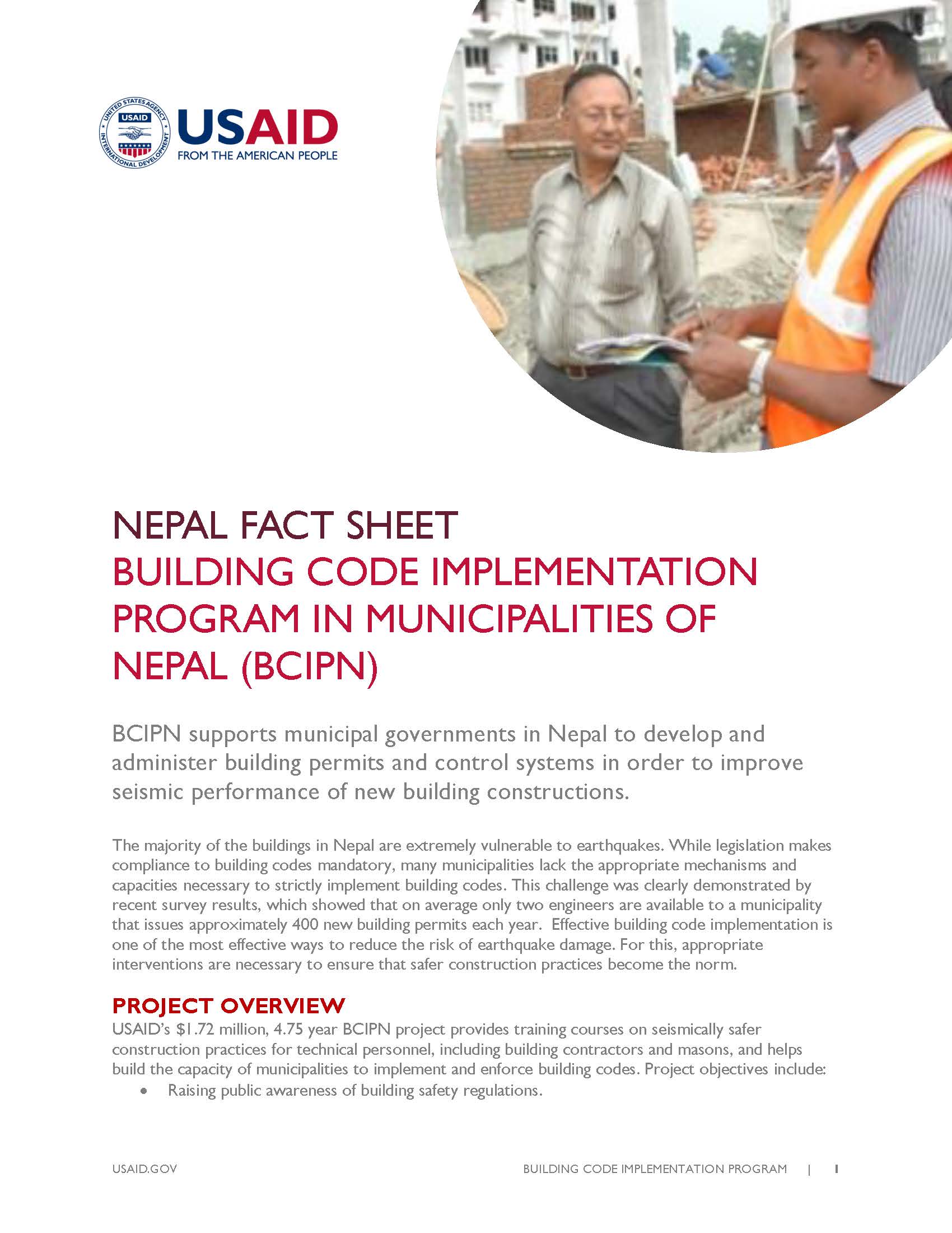 Fact Sheet: BUILDING CODE IMPLEMENTATION PROGRAM IN MUNICIPALITIES OF NEPAL (BCIPN)