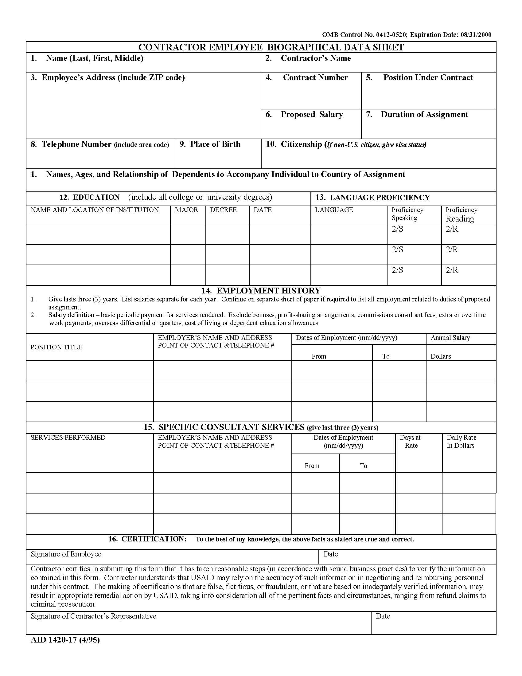 Contractor Employee Biographical Data Sheet