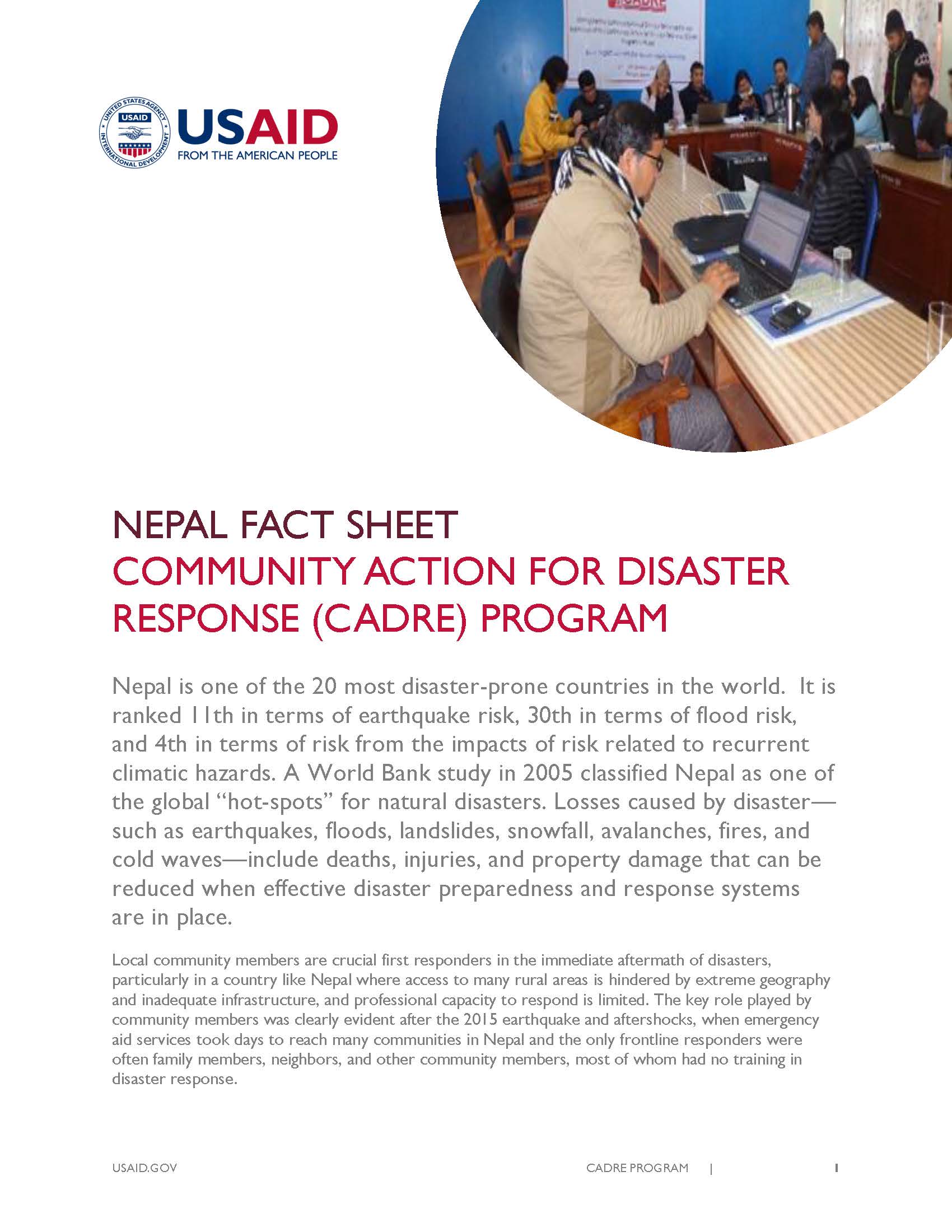 Fact Sheet: COMMUNITY ACTION FOR DISASTER RESPONSE (CADRE) PROGRAM