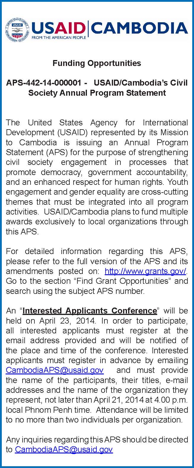USAID/Cambodia’s Civil  Society Annual Program Statement