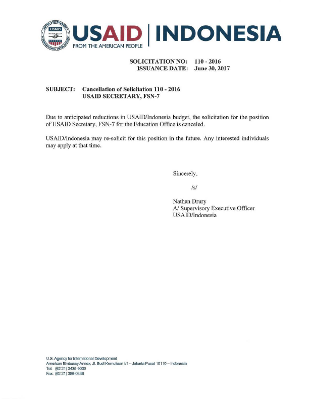 Cancellation of Solicitation 110 - 2016: USAID Secretary, FSN-7