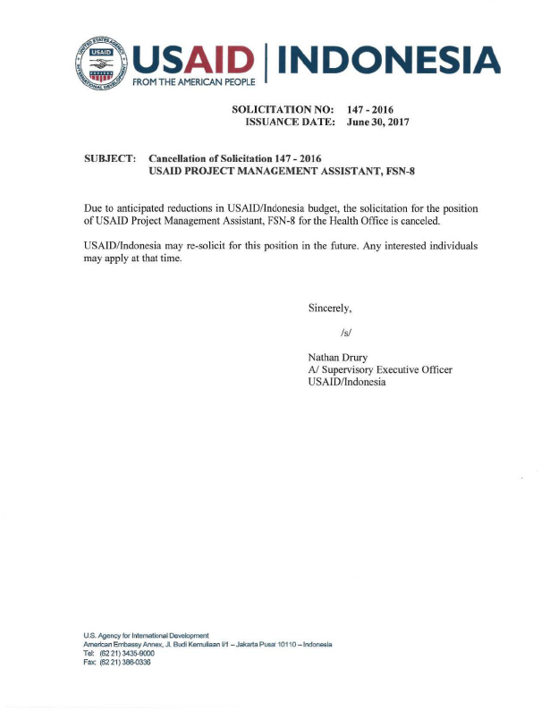 Cancellation of Solicitation 147-2016: USAID Project Management Assistant, FSN-8