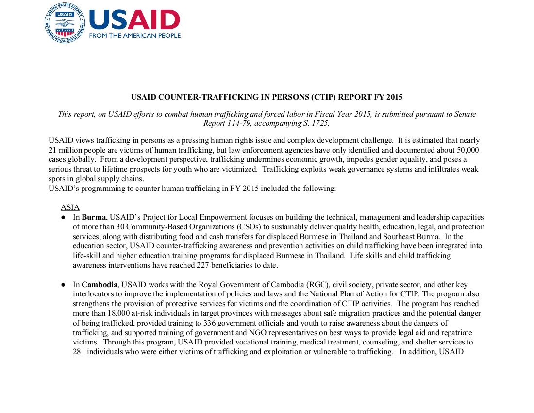 USAID Counter-Trafficking in Persons (CTIP) Report, FY 2015