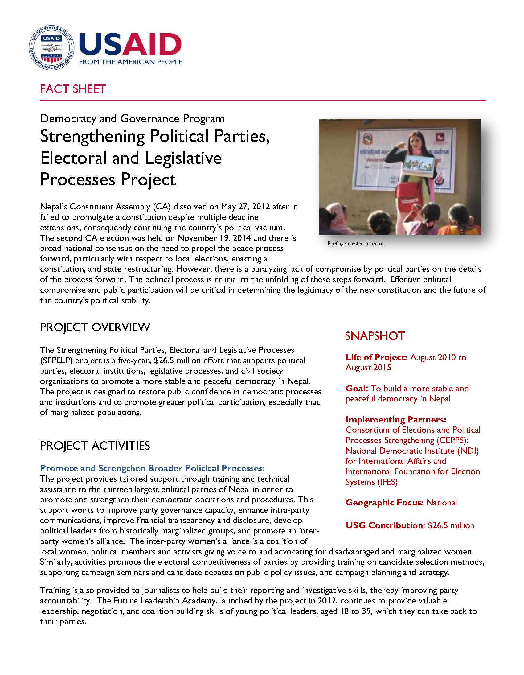 STRENGTHENING POLITICAL PARTIES, ELECTORAL AND LEGISLATIVE PROCESSES PROJECT