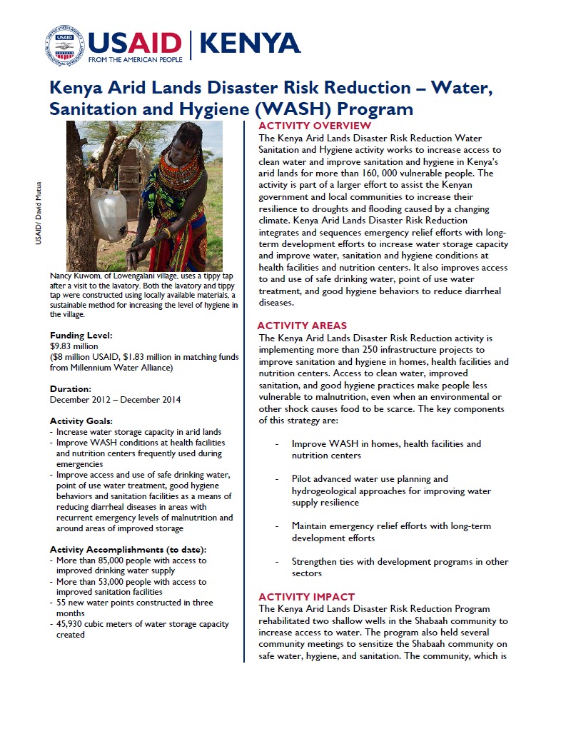 Kenya Arid Lands Disaster Risk Reduction – Water, Sanitation, and Hygiene Program Fact Sheet_August 2014