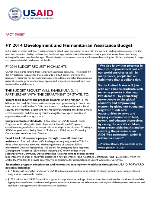 Fact Sheet: FY 2014 Development and Humanitarian Assistance Budget