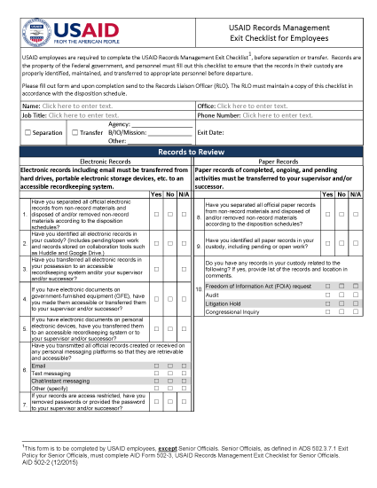 AID 502-2 (USAID RECORDS MANAGEMENT EXIT CHECKLIST FOR EMPLOYEES)