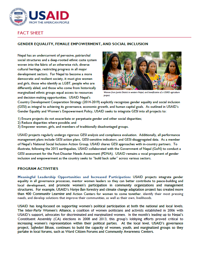 Fact Sheet: GENDER EQUALITY, FEMALE EMPOWERMENT, AND SOCIAL INCLUSION 