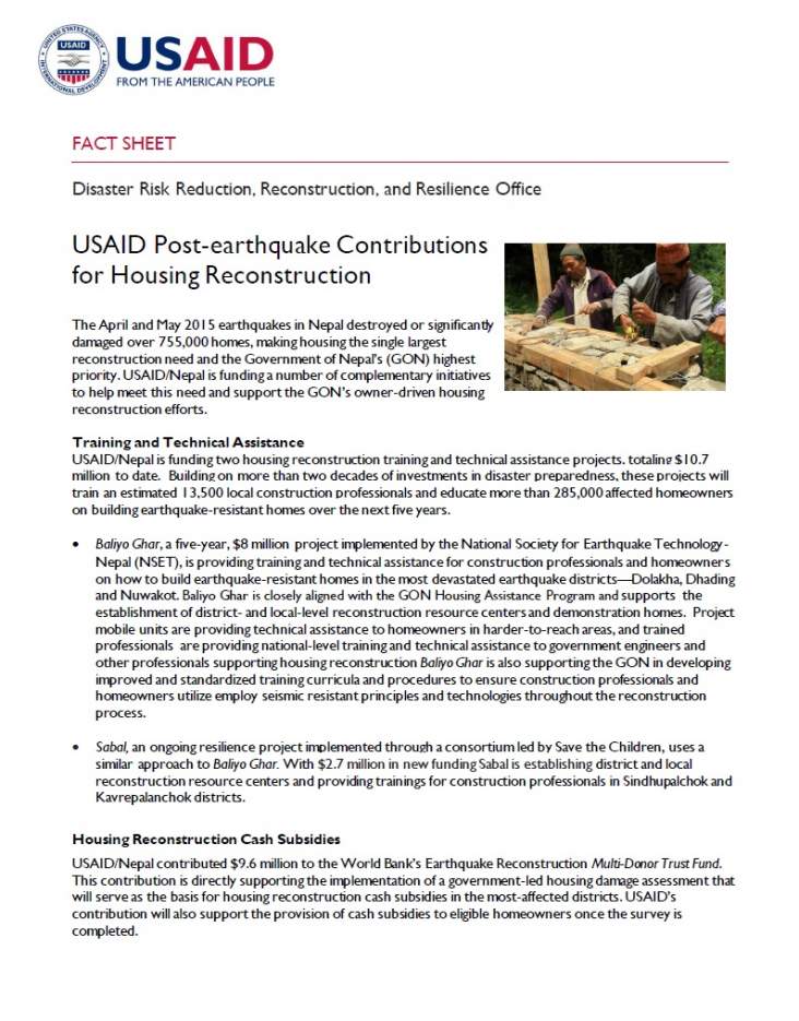 Fact Sheet: USAID Post-earthquake Contributions for Housing Reconstruction