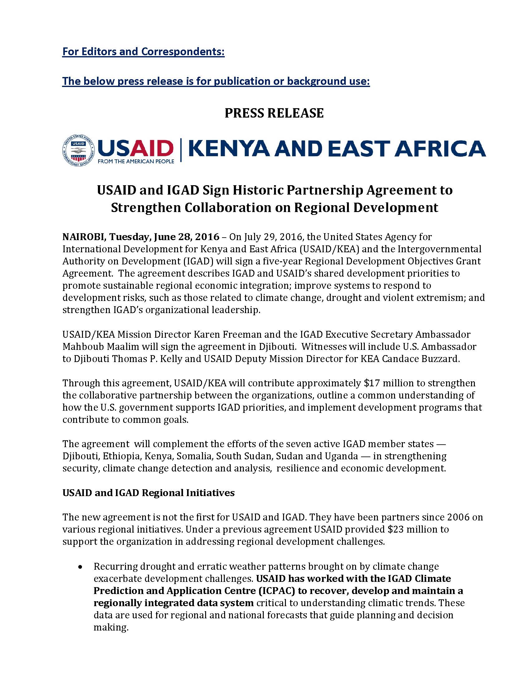 USAID and IGAD Sign Historic Partnership Agreement to Strengthen Collaboration on Regional Development