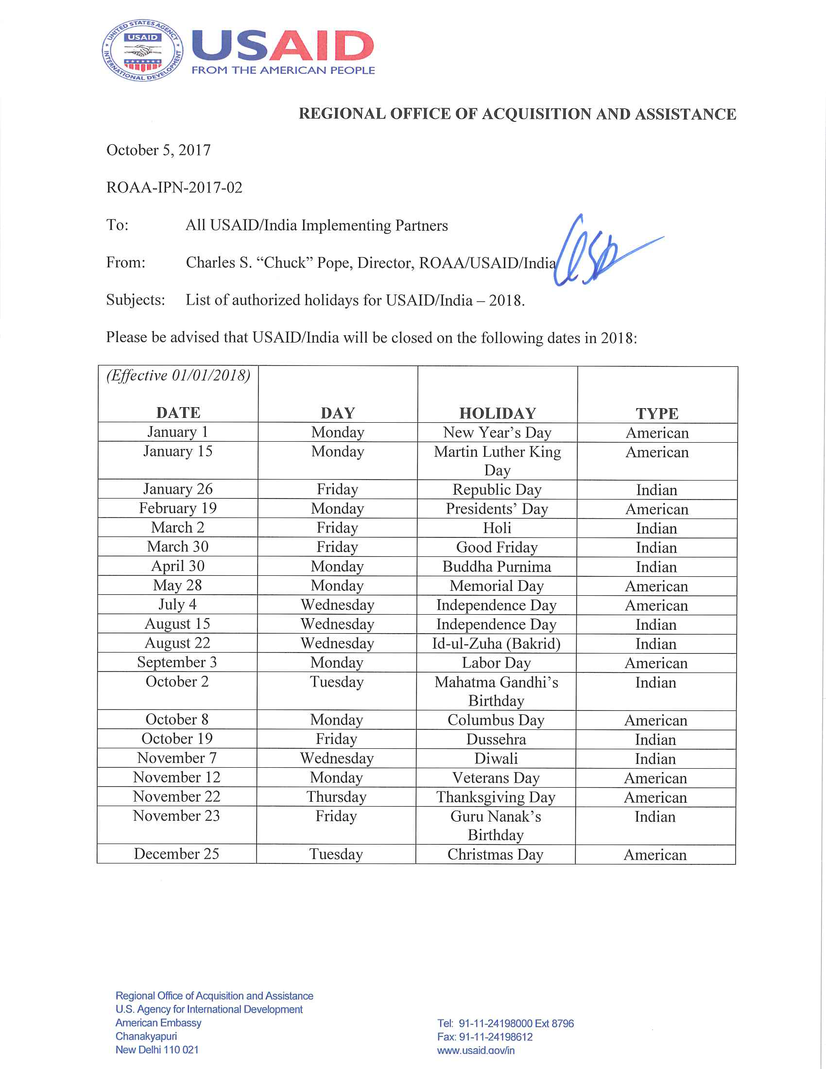IPN 2 - List of Authorized Holidays for 2018