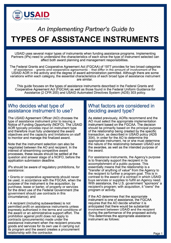 An Implementing Partner’s Guide to Types of Assistance Instruments