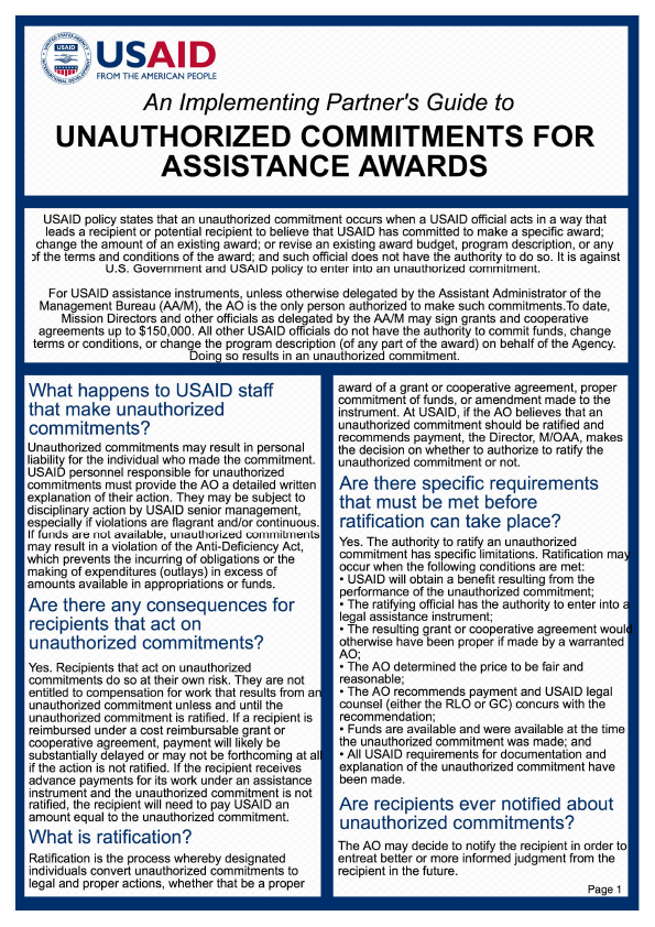 An Implementing Partner’s Guide to Unauthorized Commitments for Assistance Awards 