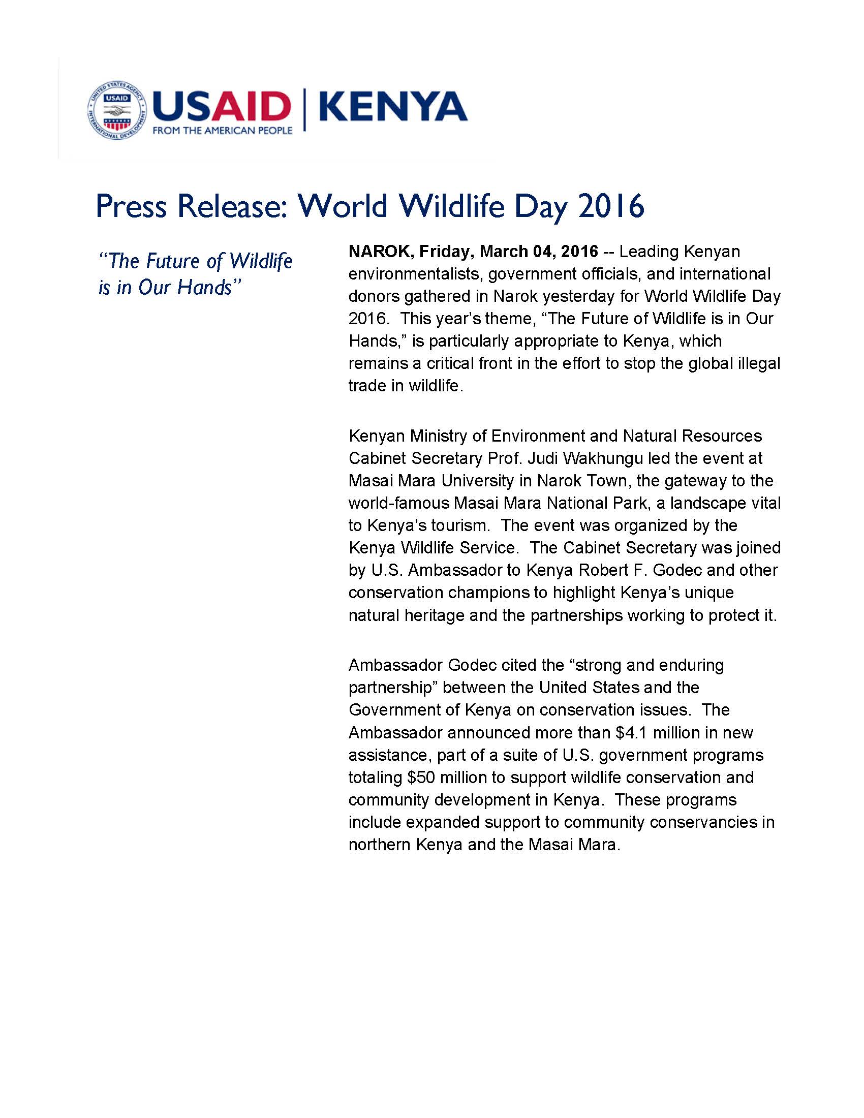 Press Release: World Wildlife Day 2016