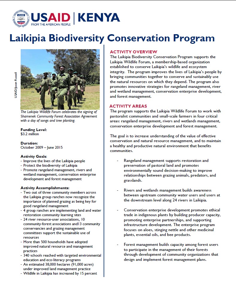 Laikipia Natural Resource Management and Biodiversity Conservation Program Fact Sheet.September 2014