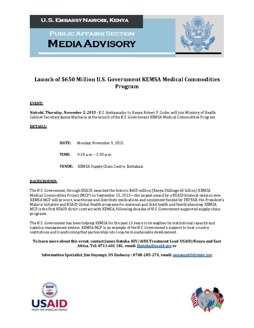 Media Advisory: Launch of $650 Million U.S. Government KEMSA Medical Commodities Program