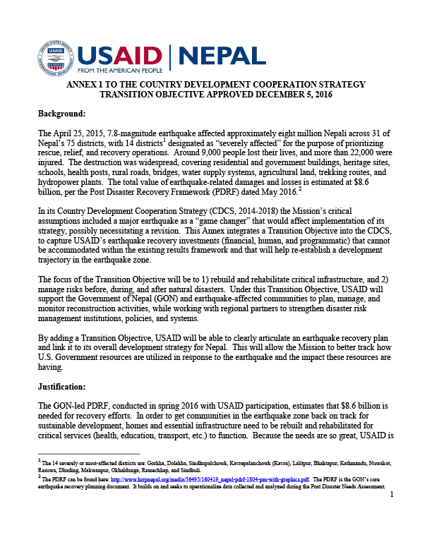USAID Nepal CDCS 2014-2018 Annex 1: Transition Objective
