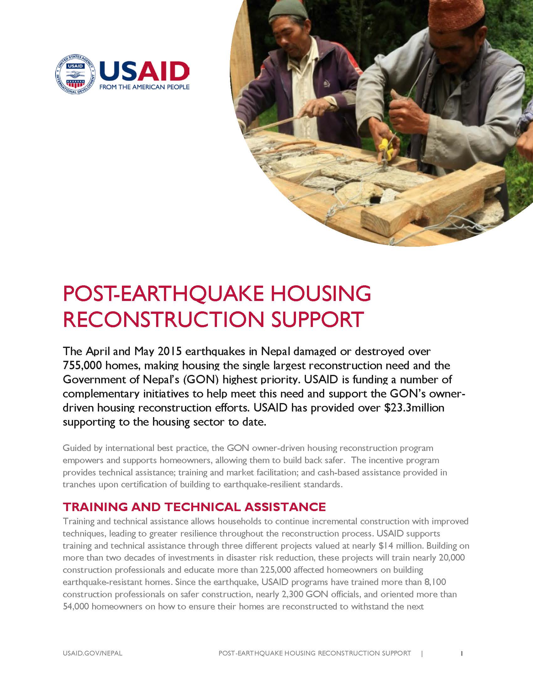 Fact Sheet: POST-EARTHQUAKE HOUSING RECONSTRUCTION SUPPORT