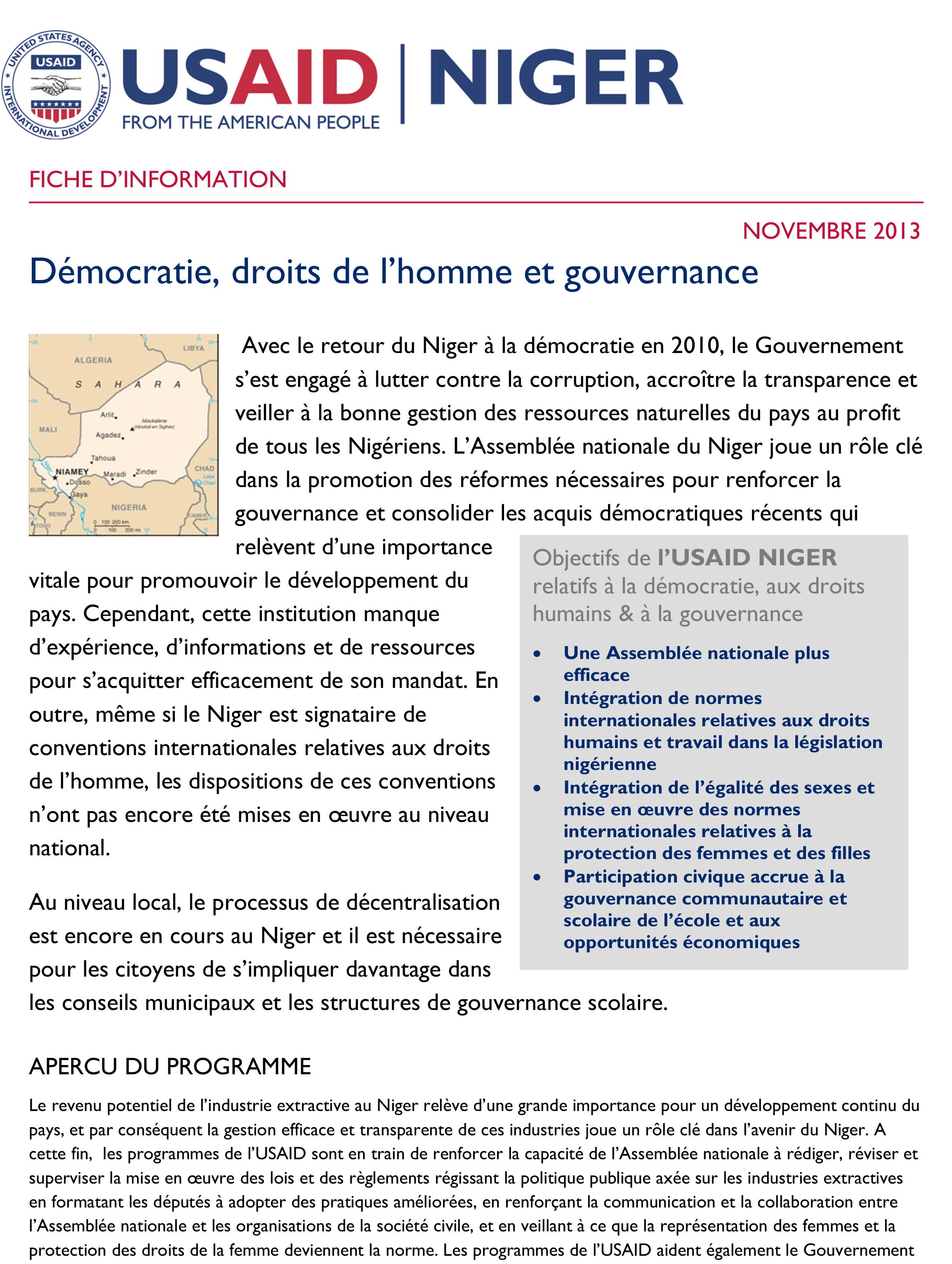 Une fiche d'informations téléchargeable et imprimable sur les projets démocratie, droits de l’homme et gouvernance de l'USAID au