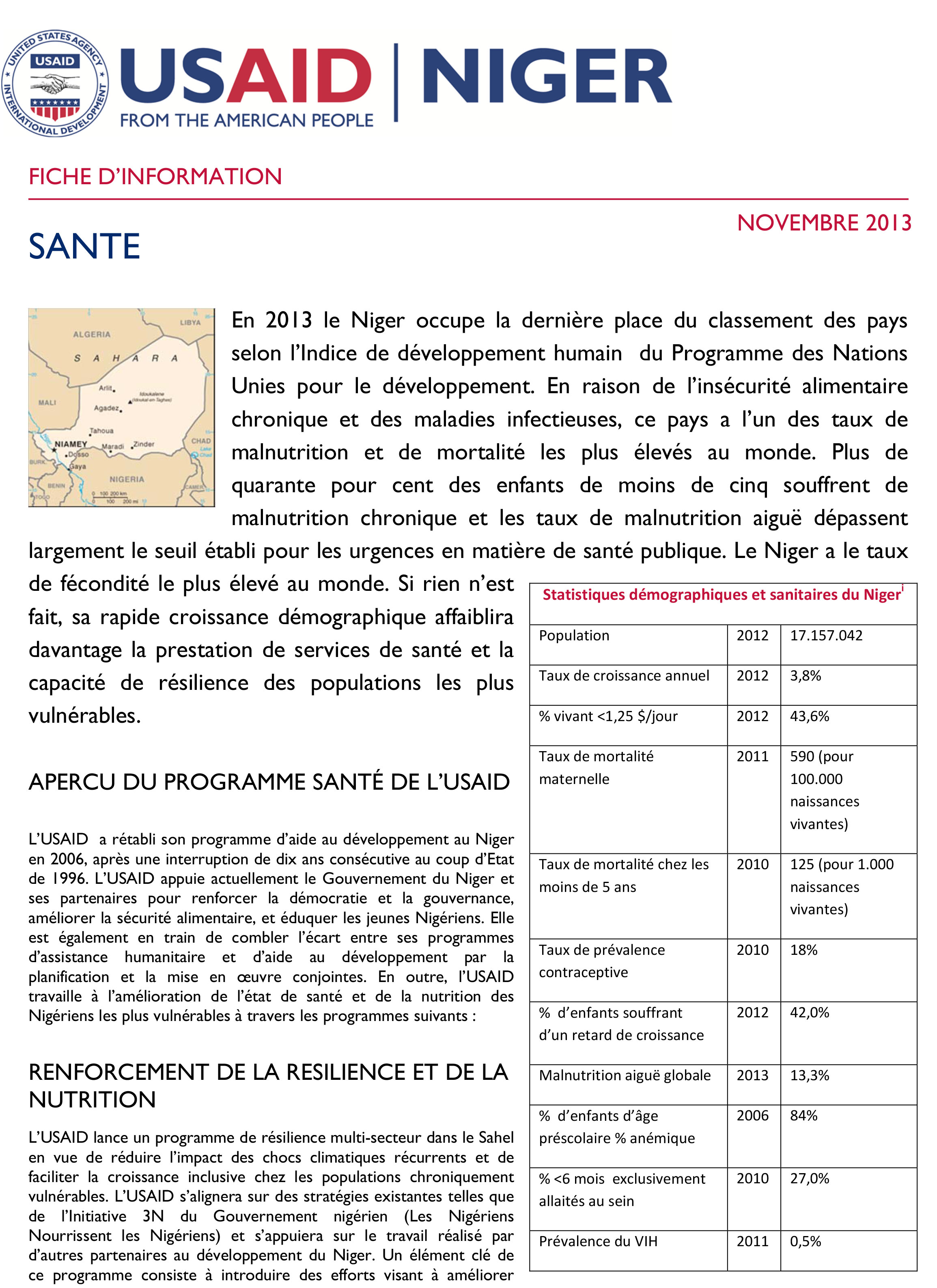 Une fiche d'informations téléchargeable et imprimable sur les projets de santé de l'USAID au Niger.