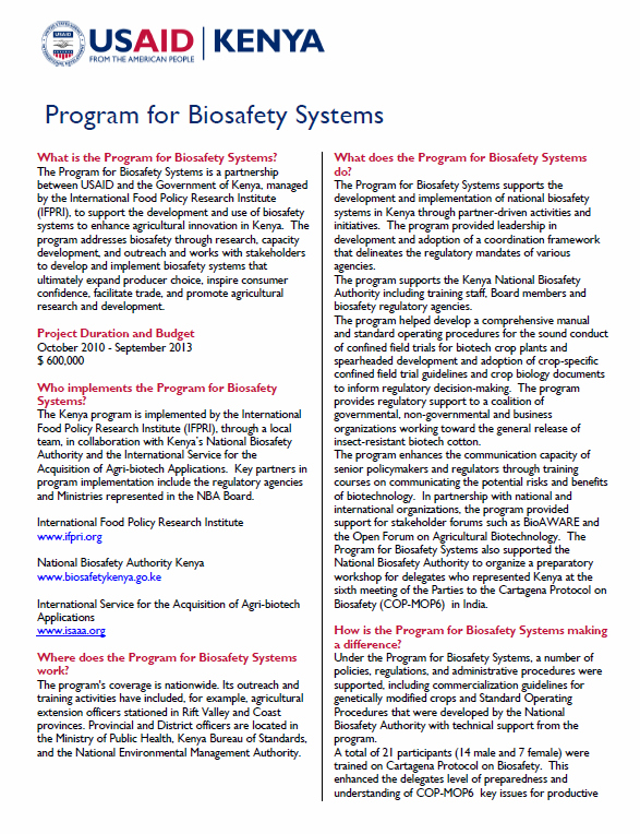 Program for Biosafety Systems Fact Sheet_updated April 2013