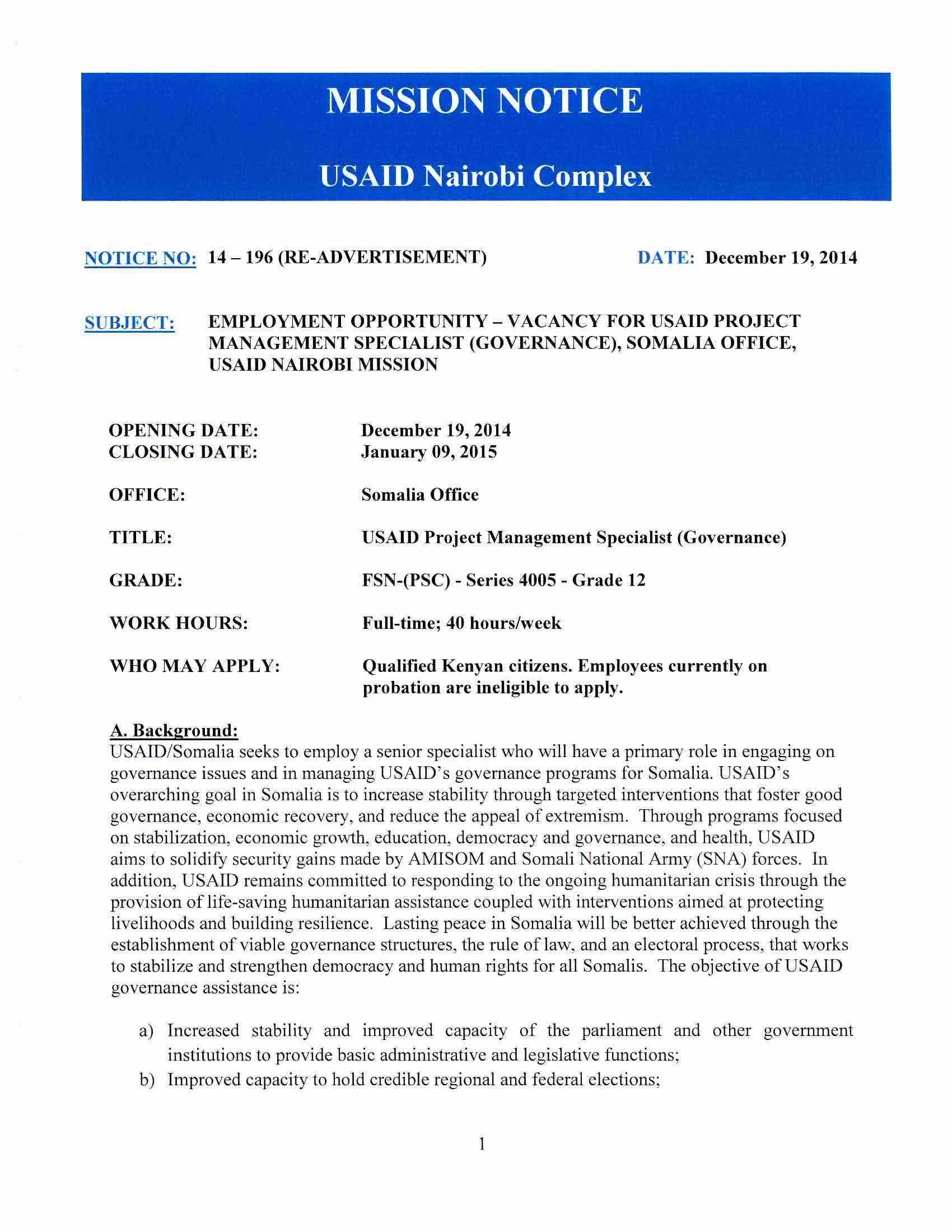 USAID Nairobi Complex Mission Notice 14 - 196