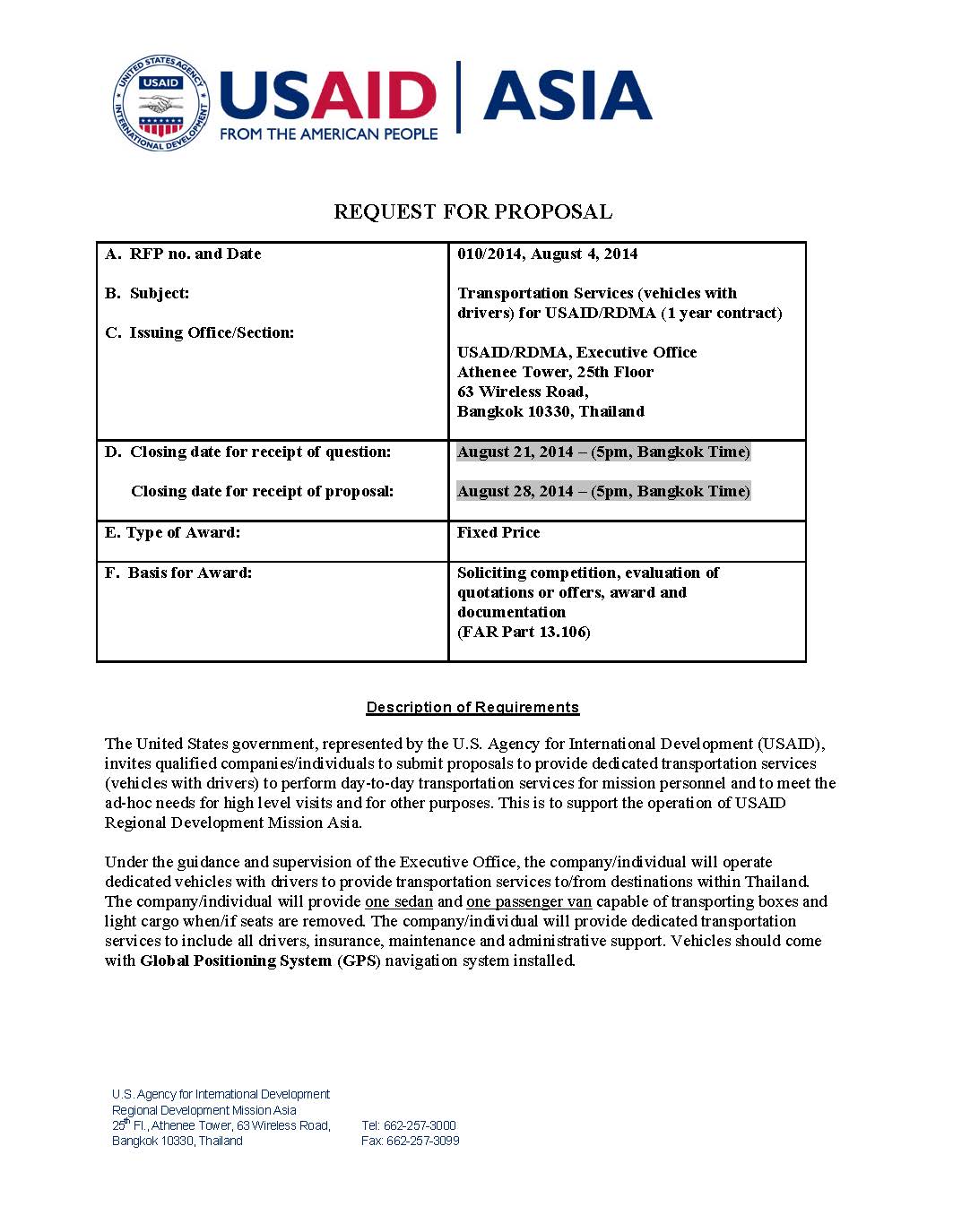 RFP 010/2014 -- Transportation Services (vehicles with drivers) for USAID/RDMA (1 year contract)