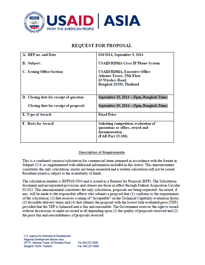 RFP 018/2014 -- USAID/RDMA Cisco IP Phone System