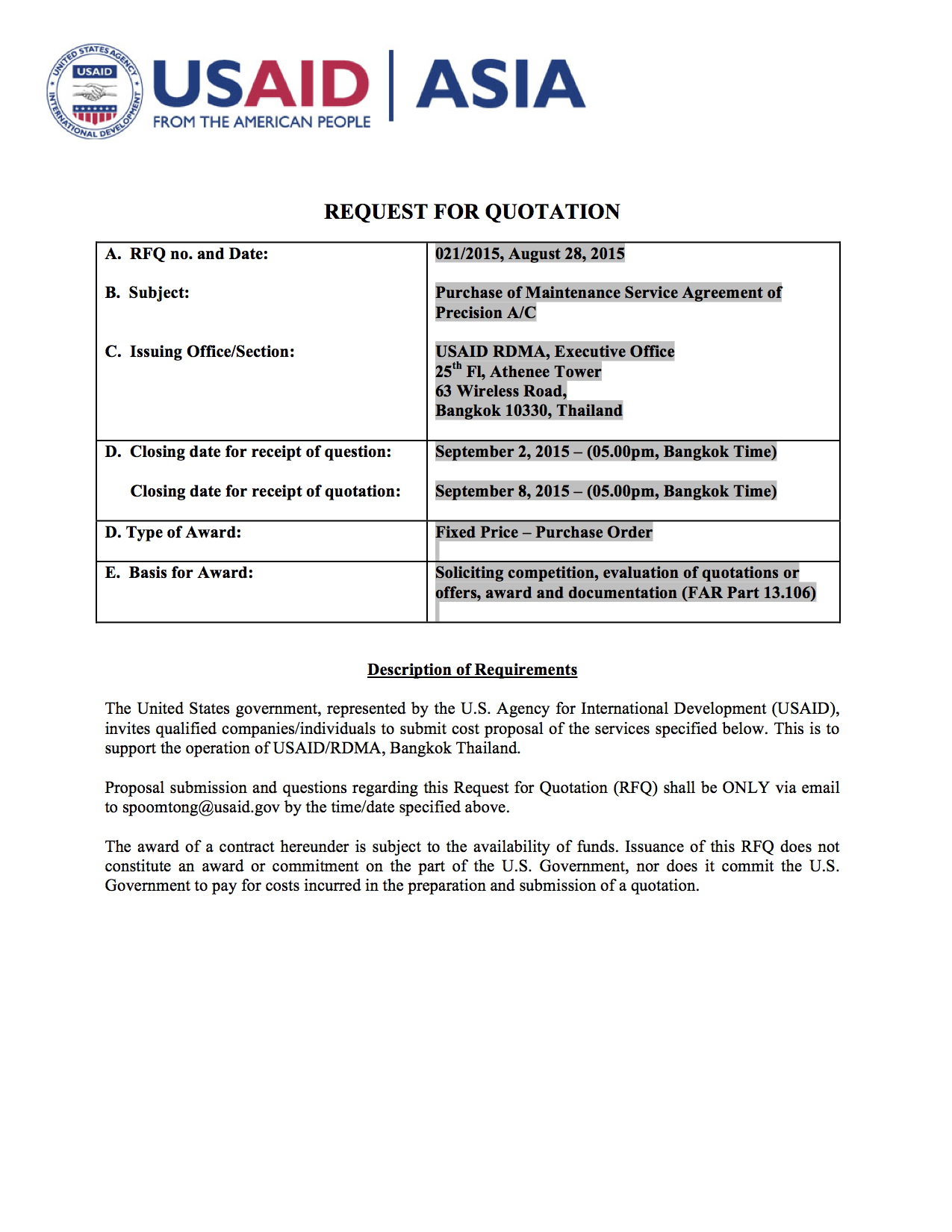 Purchase of Maintenance Service Agreement of Precision A/C