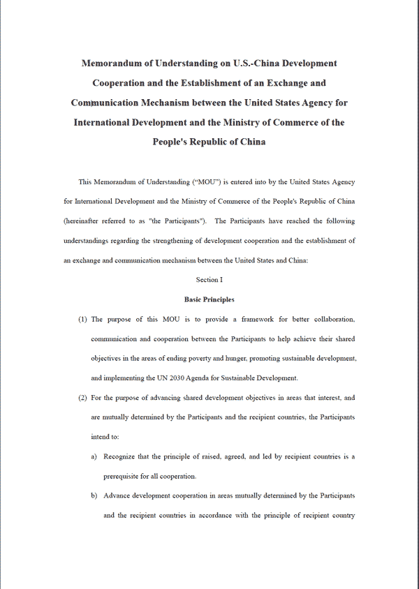 Memorandum of Understanding on U.S.-China Development Cooperation and the Establishment of an Exchange and Communication Mechani